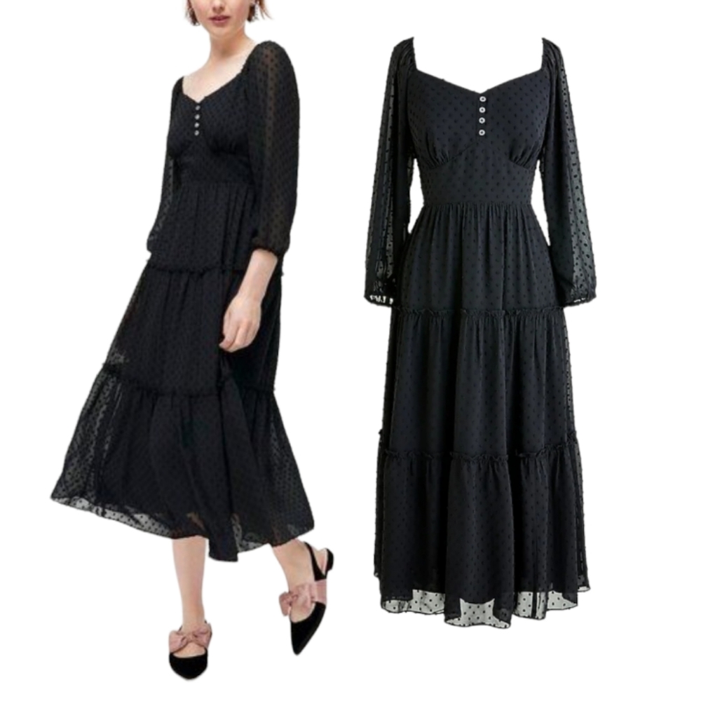 J. CREW TIERED LONG-SLEEVE MIDI DRESS IN SWISS DOT Size 12 Black